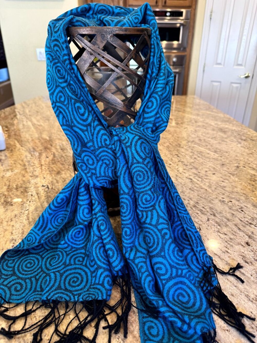 100% Pashmina Scarf Shawl Wrap Black & Turquoise Blue 28" x 70" NWOT